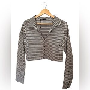 Zara Jacket Cropped Women’s  black tan houndstooth print | Sz XL | Front button